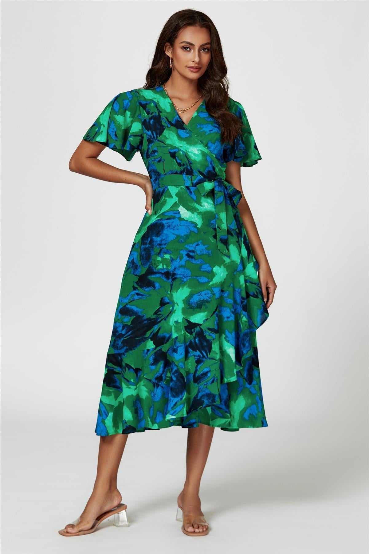 Abstract Print Midi Wrap Dress In Green - AXON