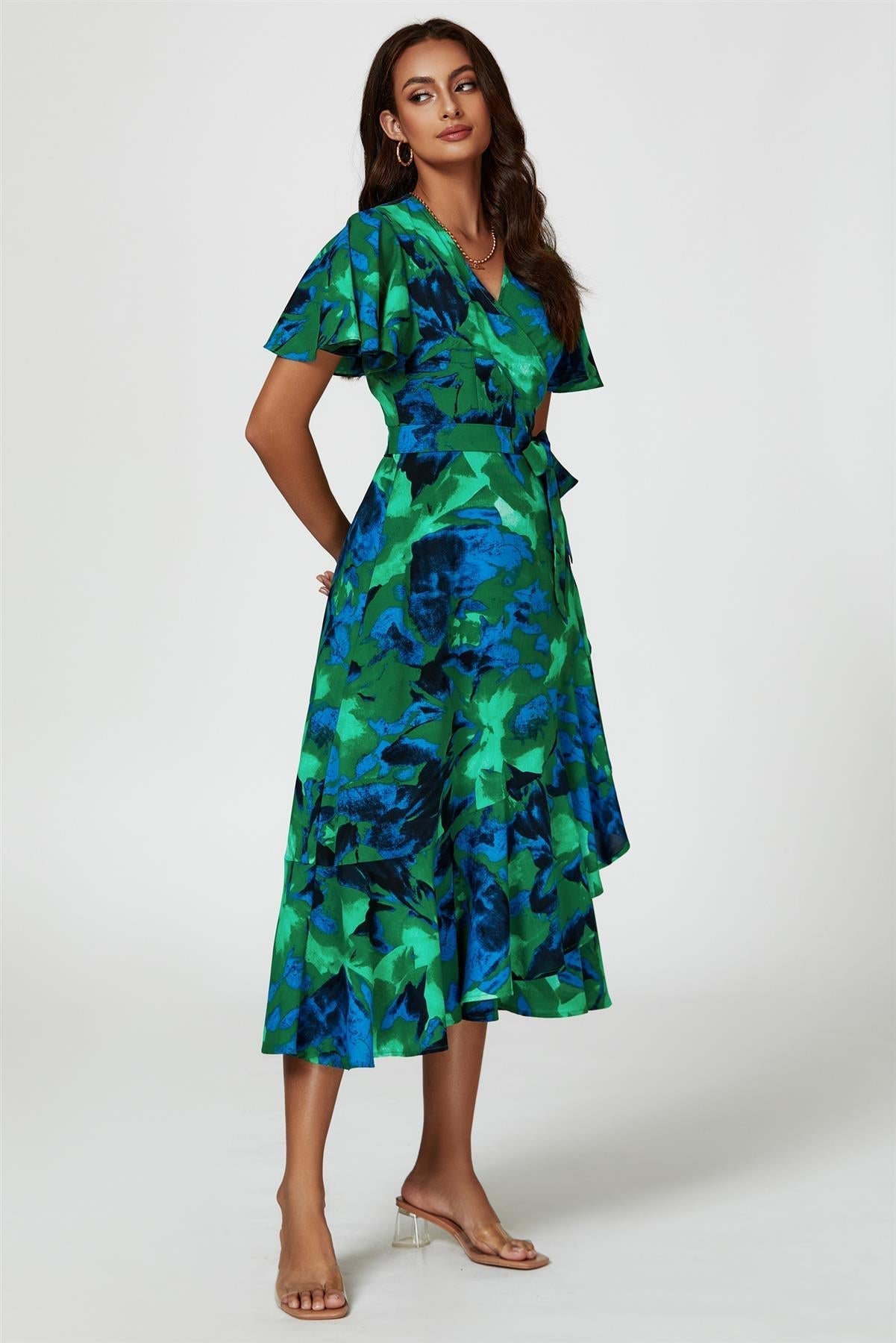 Abstract Print Midi Wrap Dress In Green - AXON