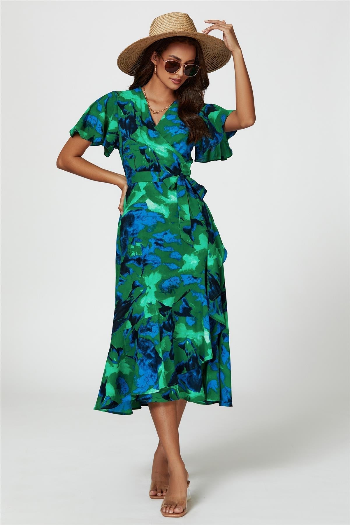 Abstract Print Midi Wrap Dress In Green - AXON