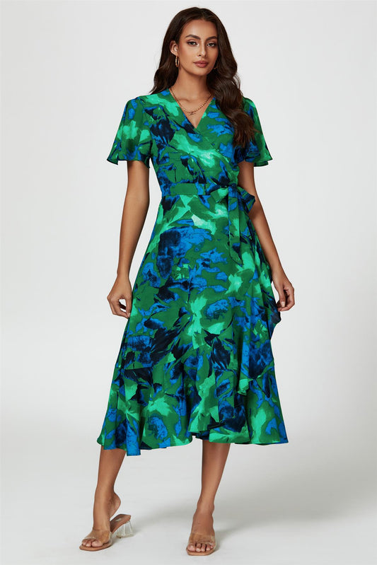 Abstract Print Midi Wrap Dress In Green - AXON