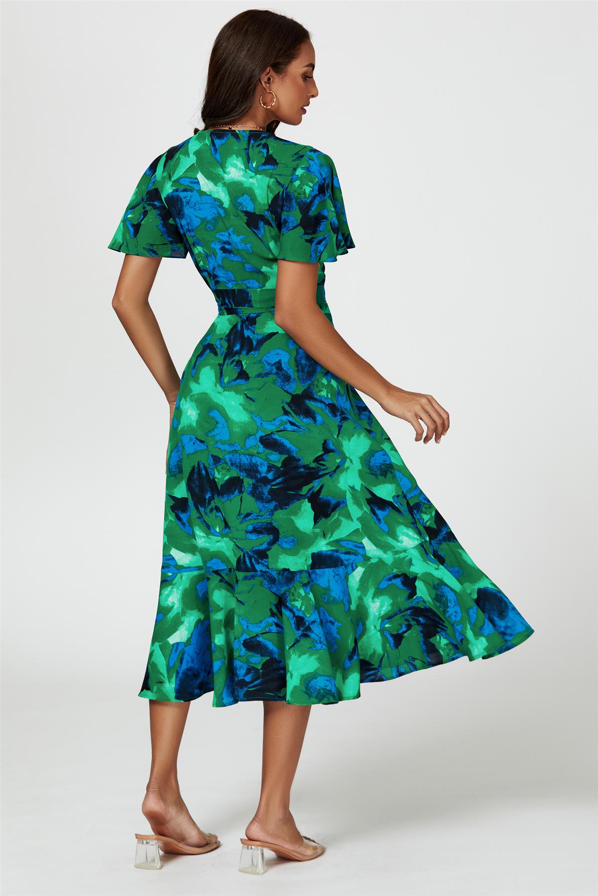 Abstract Print Midi Wrap Dress In Green - AXON