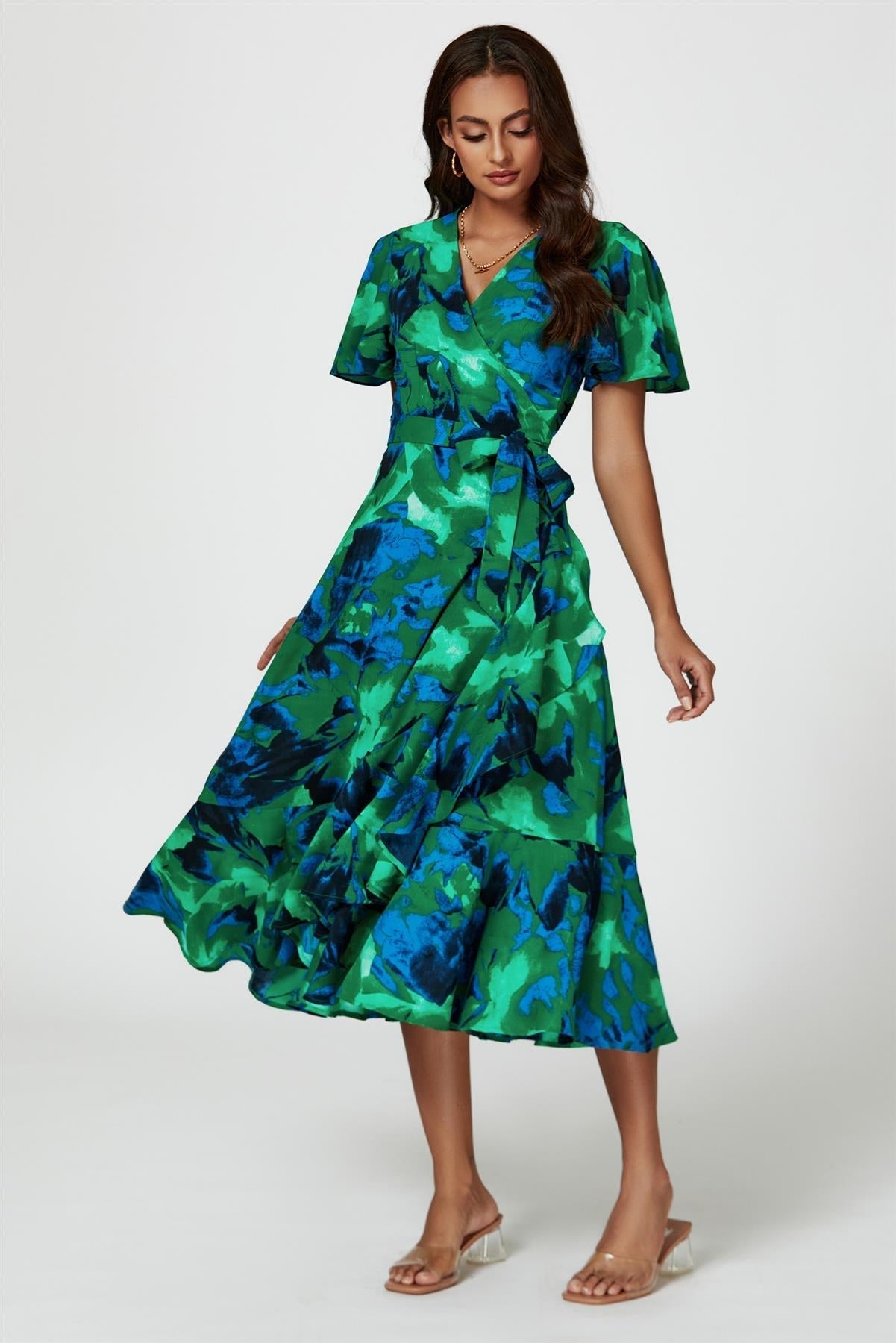 Abstract Print Midi Wrap Dress In Green - AXON
