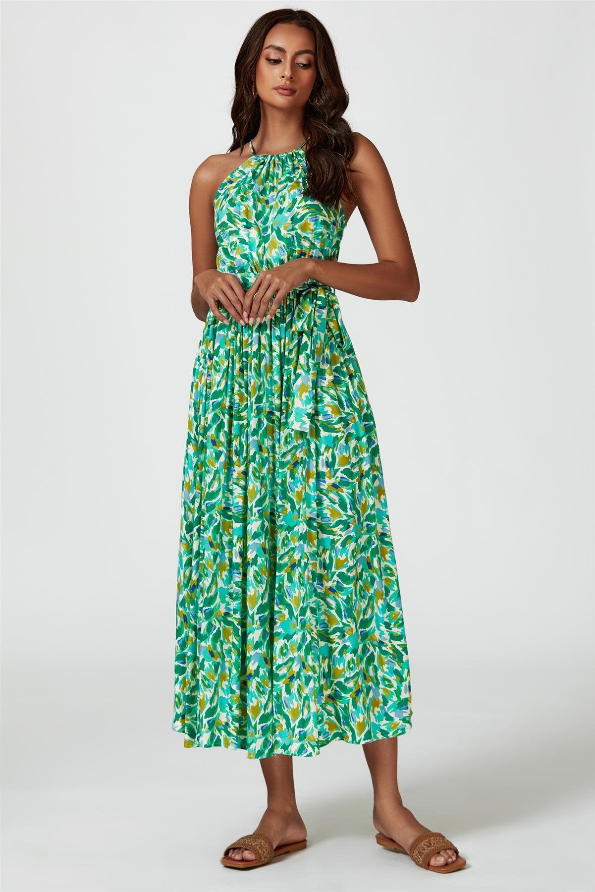 Abstract Print Tie Halterneck Maxi Dress In Green - AXON