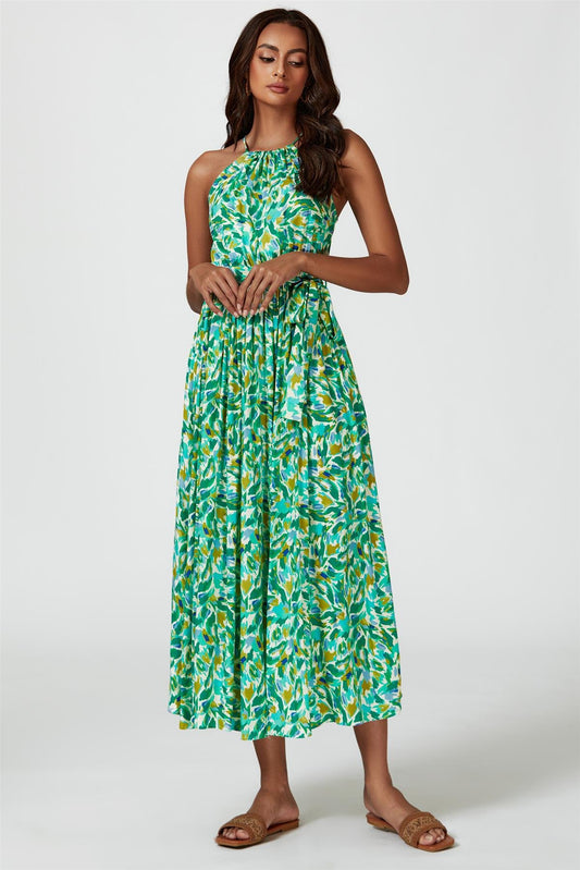 Abstract Print Tie Halterneck Maxi Dress In Green - AXON