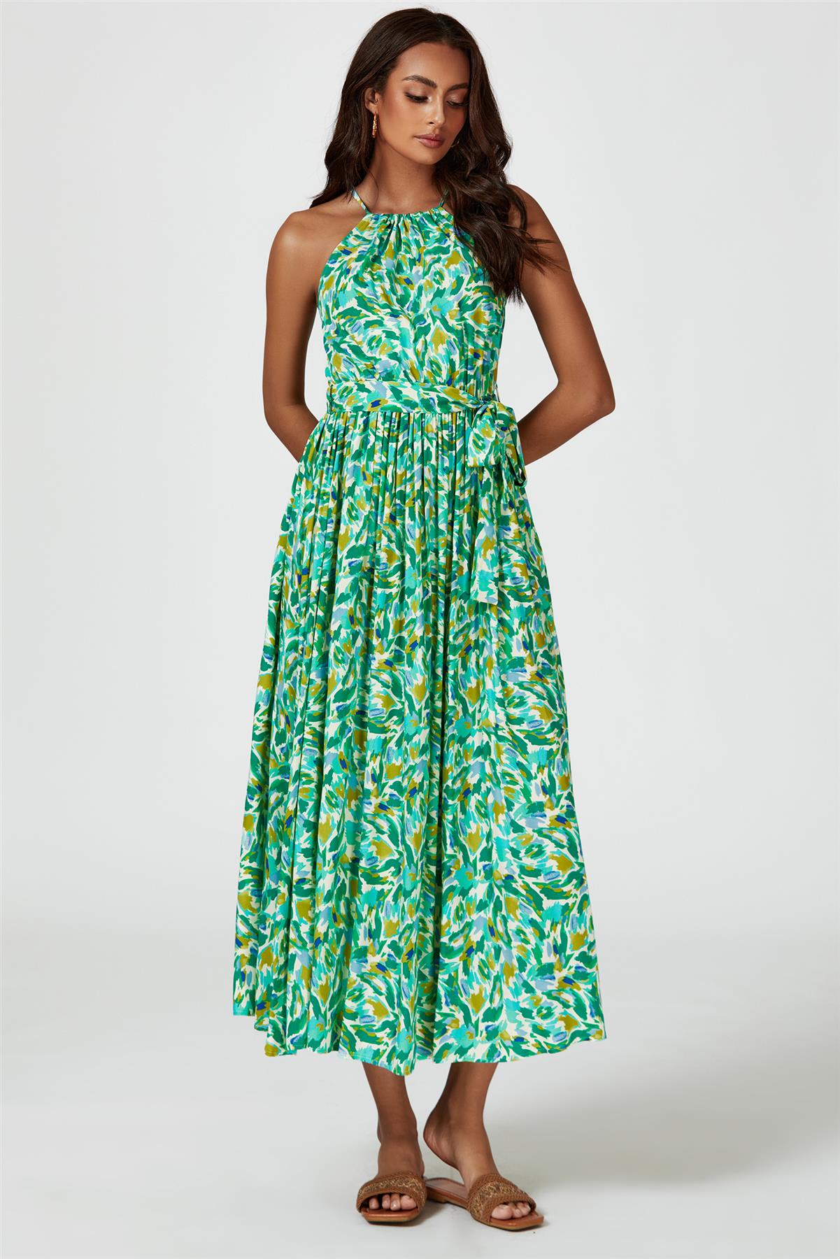 Abstract Print Tie Halterneck Maxi Dress In Green - AXON