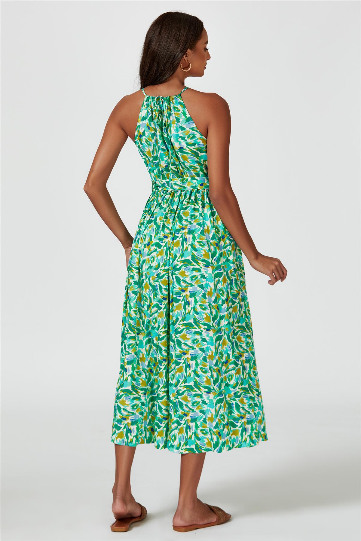 Abstract Print Tie Halterneck Maxi Dress In Green - AXON