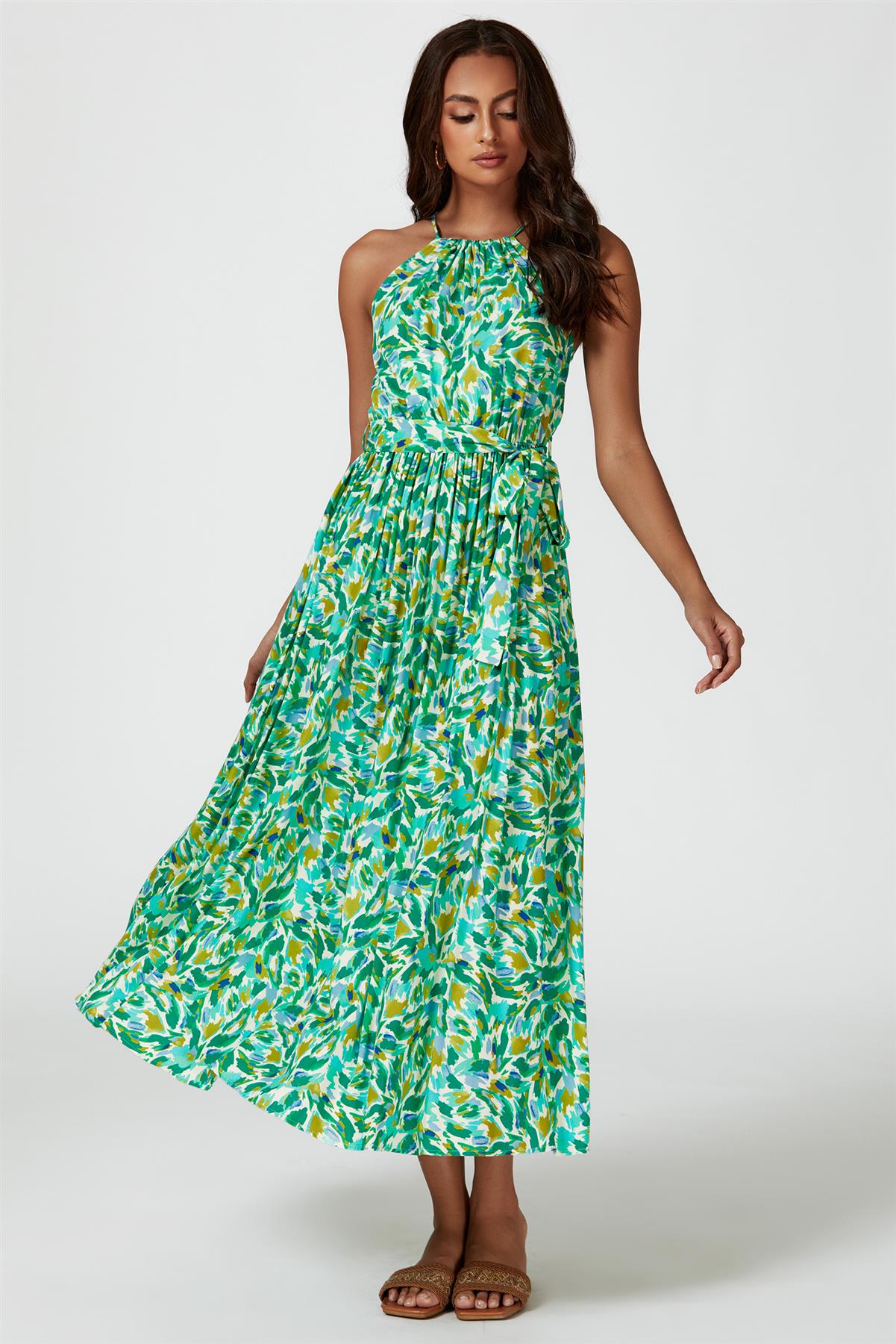 Abstract Print Tie Halterneck Maxi Dress In Green - AXON