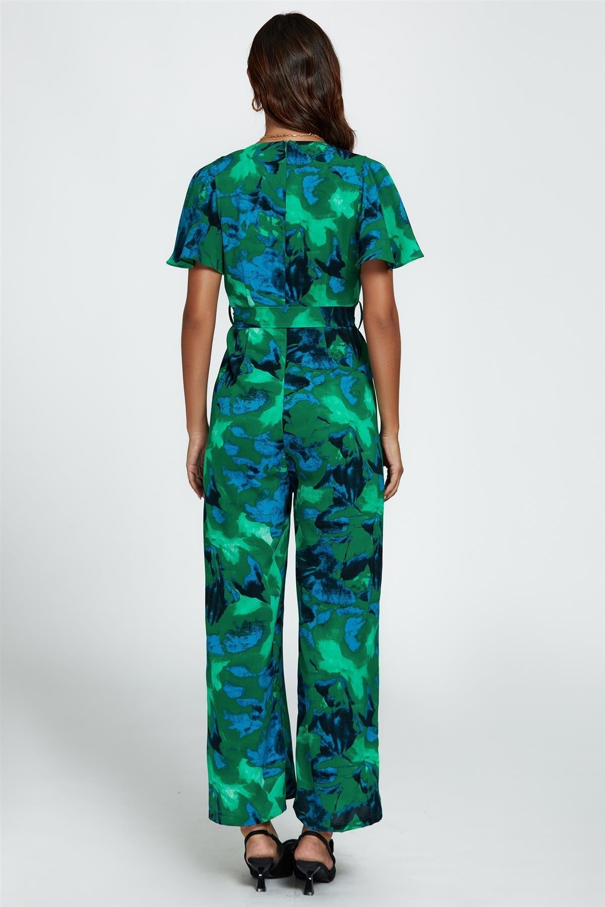 Abstract Print Wrap Top Jumpsuit In Green - AXON