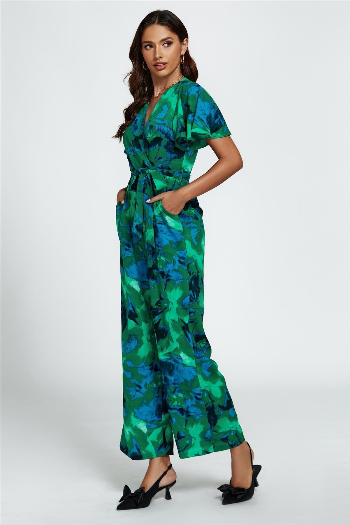 Abstract Print Wrap Top Jumpsuit In Green - AXON