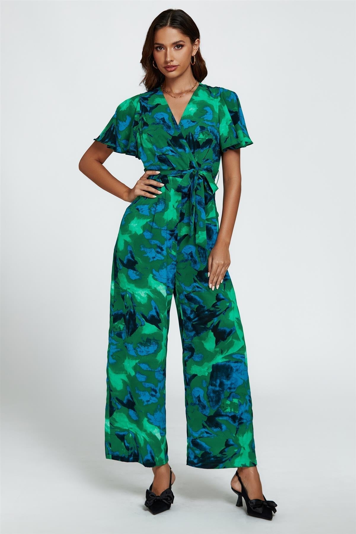 Abstract Print Wrap Top Jumpsuit In Green - AXON