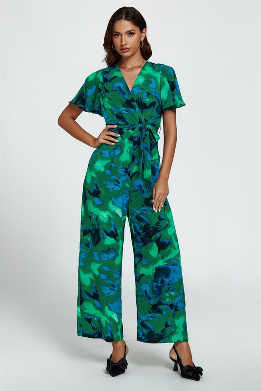 Abstract Print Wrap Top Jumpsuit In Green - AXON