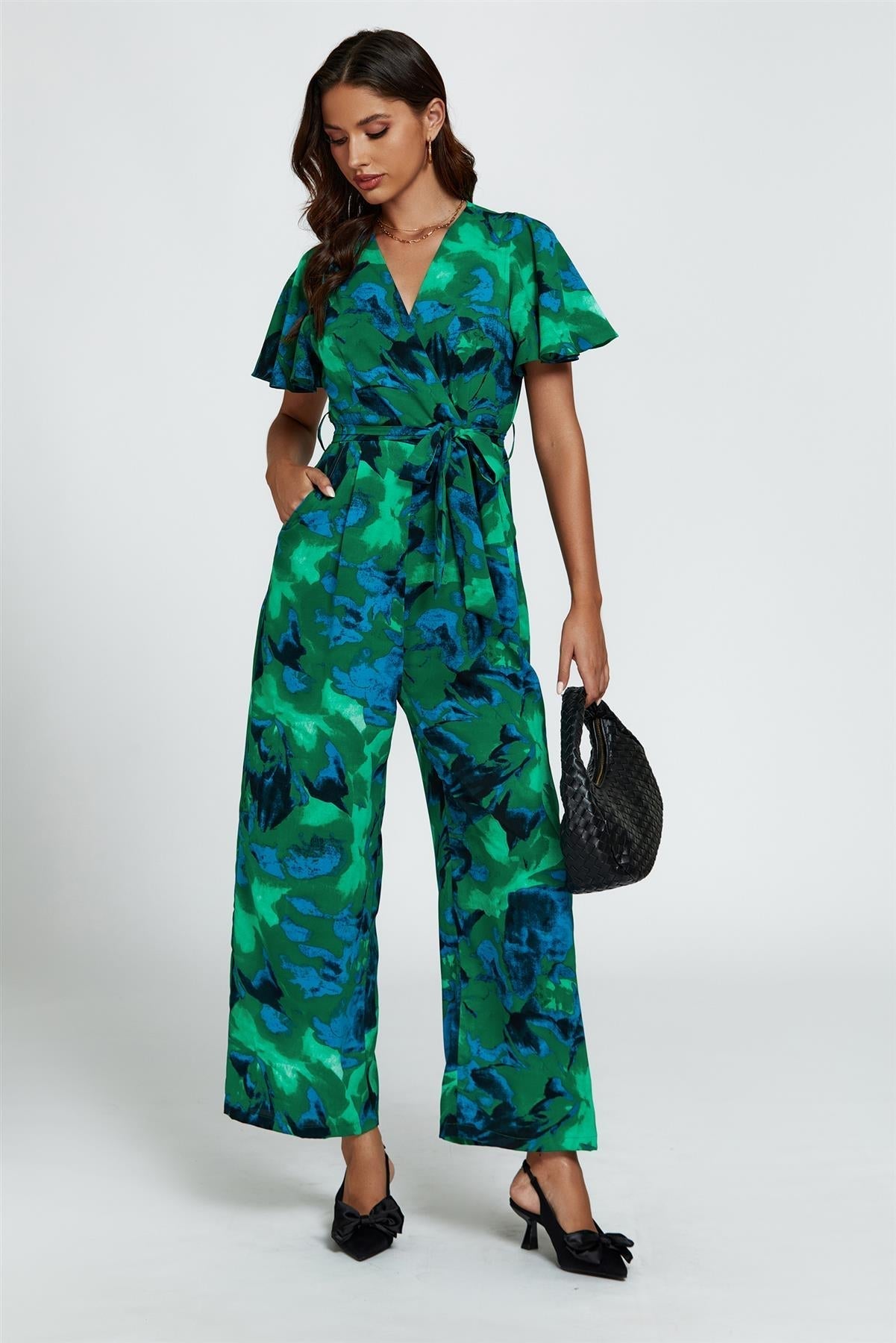 Abstract Print Wrap Top Jumpsuit In Green - AXON