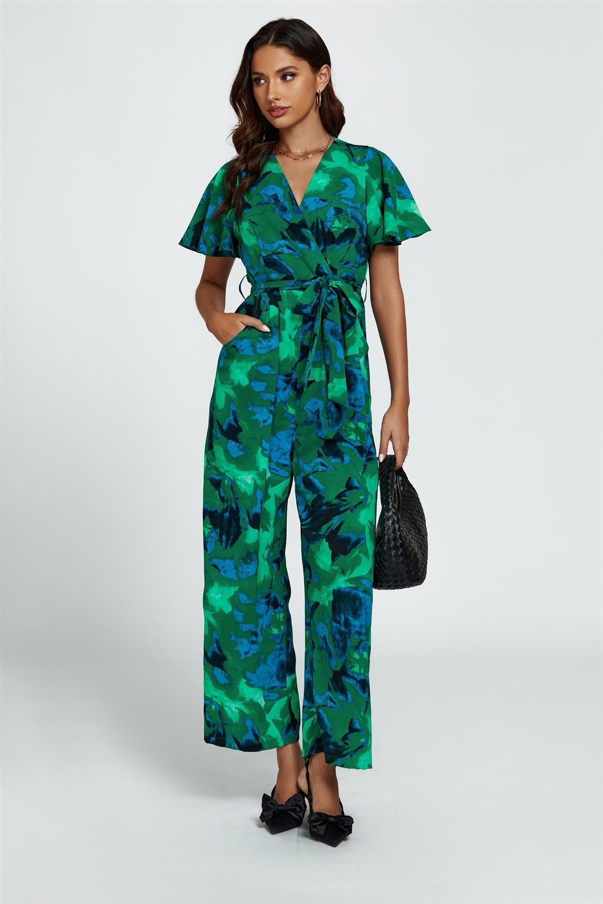 Abstract Print Wrap Top Jumpsuit In Green - AXON