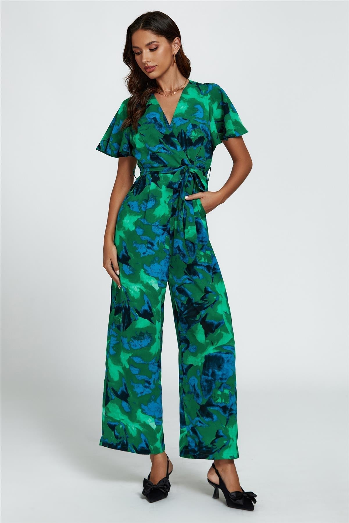 Abstract Print Wrap Top Jumpsuit In Green - AXON