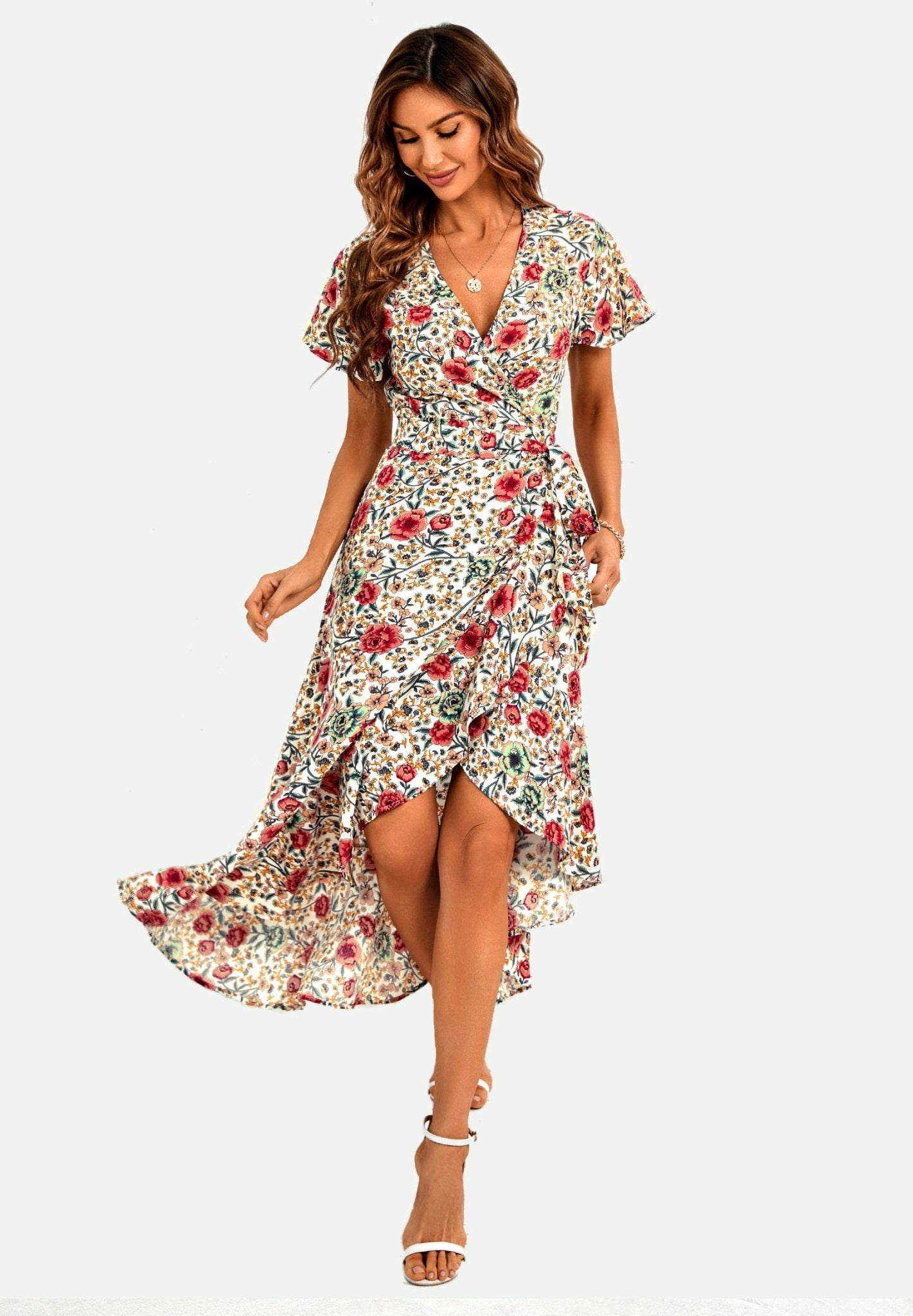 Angel Sleeve Hem Detail Midi Wrap Dress in Offwhite - AXON