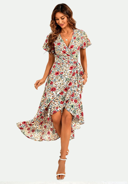 Angel Sleeve Hem Detail Midi Wrap Dress in Offwhite - AXON