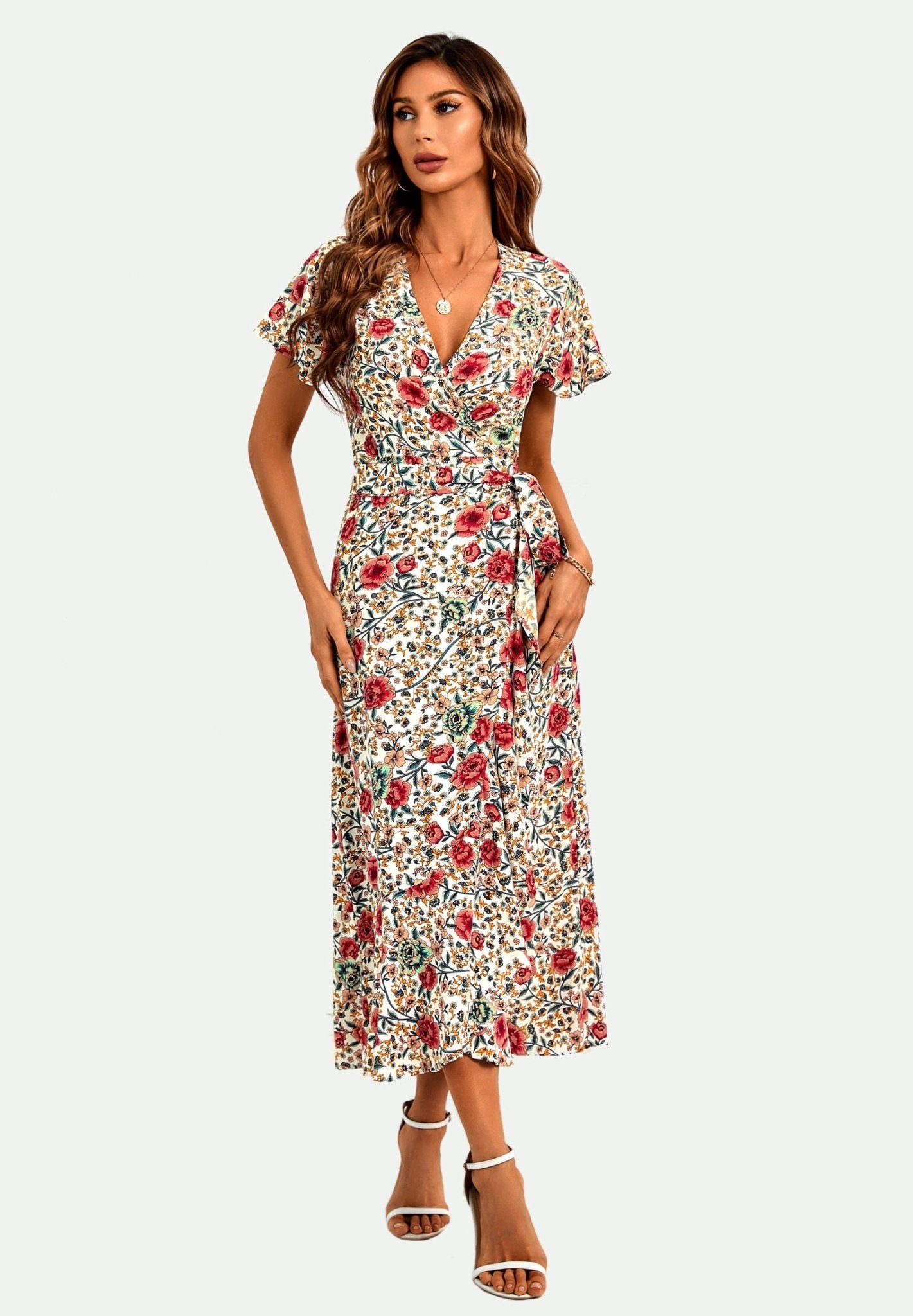 Angel Sleeve Hem Detail Midi Wrap Dress in Offwhite - AXON