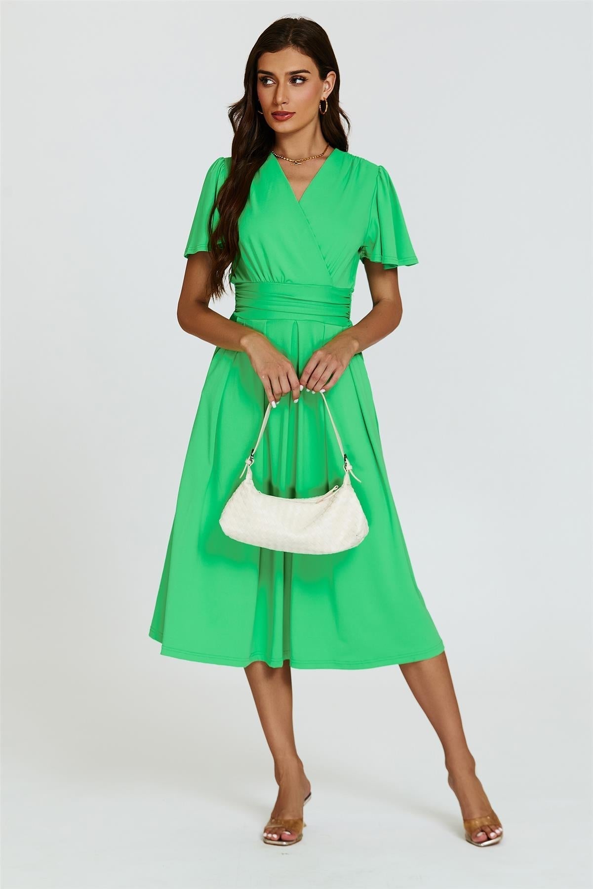Angel Sleeve Jersey Midi Dress In Green - AXON