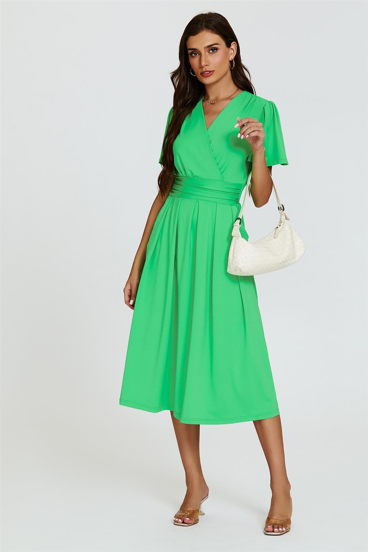 Angel Sleeve Jersey Midi Dress In Green - AXON