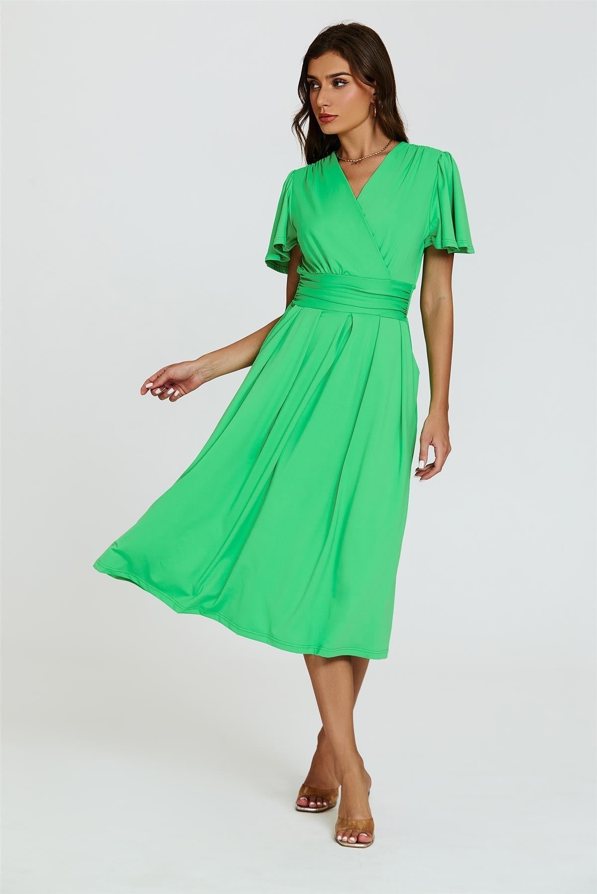 Angel Sleeve Jersey Midi Dress In Green - AXON