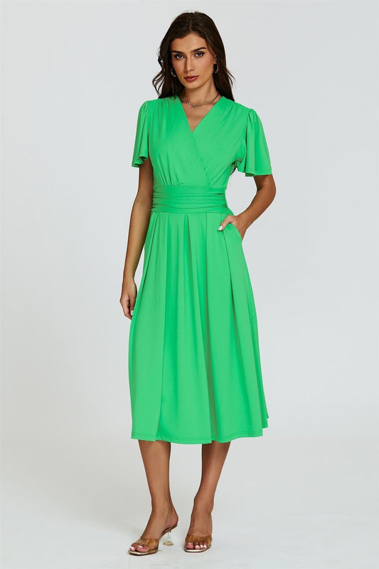 Angel Sleeve Jersey Midi Dress In Green - AXON