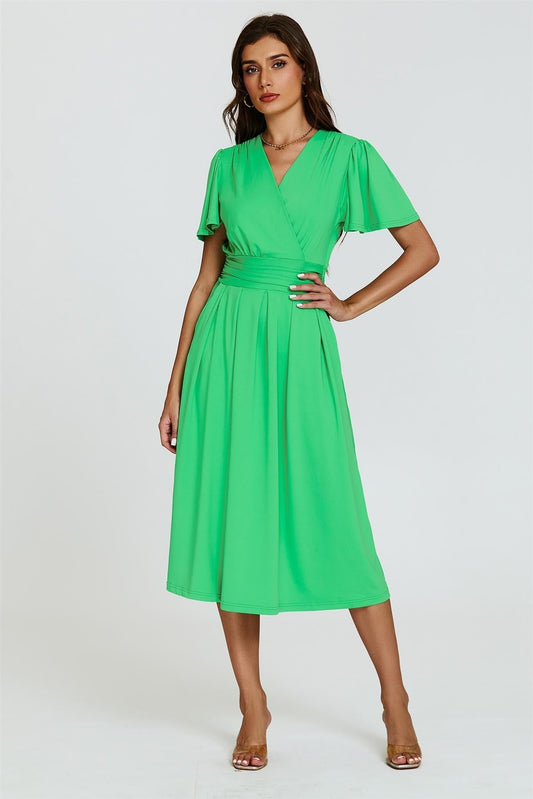 Angel Sleeve Jersey Midi Dress In Green - AXON