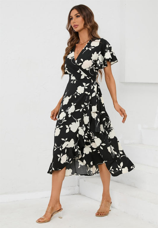 Angel Sleeve Wrap Midi Dress In Black - AXON