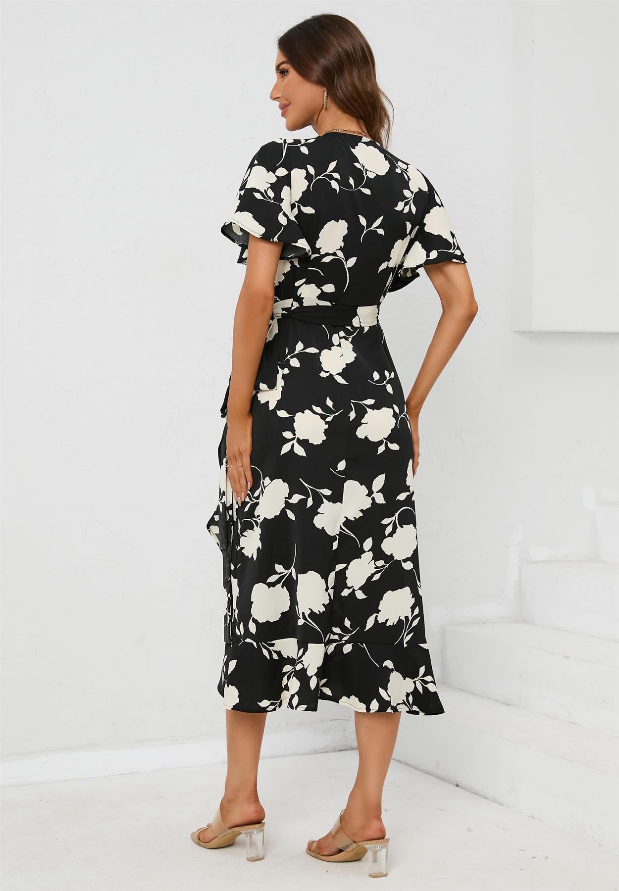 Angel Sleeve Wrap Midi Dress In Black - AXON