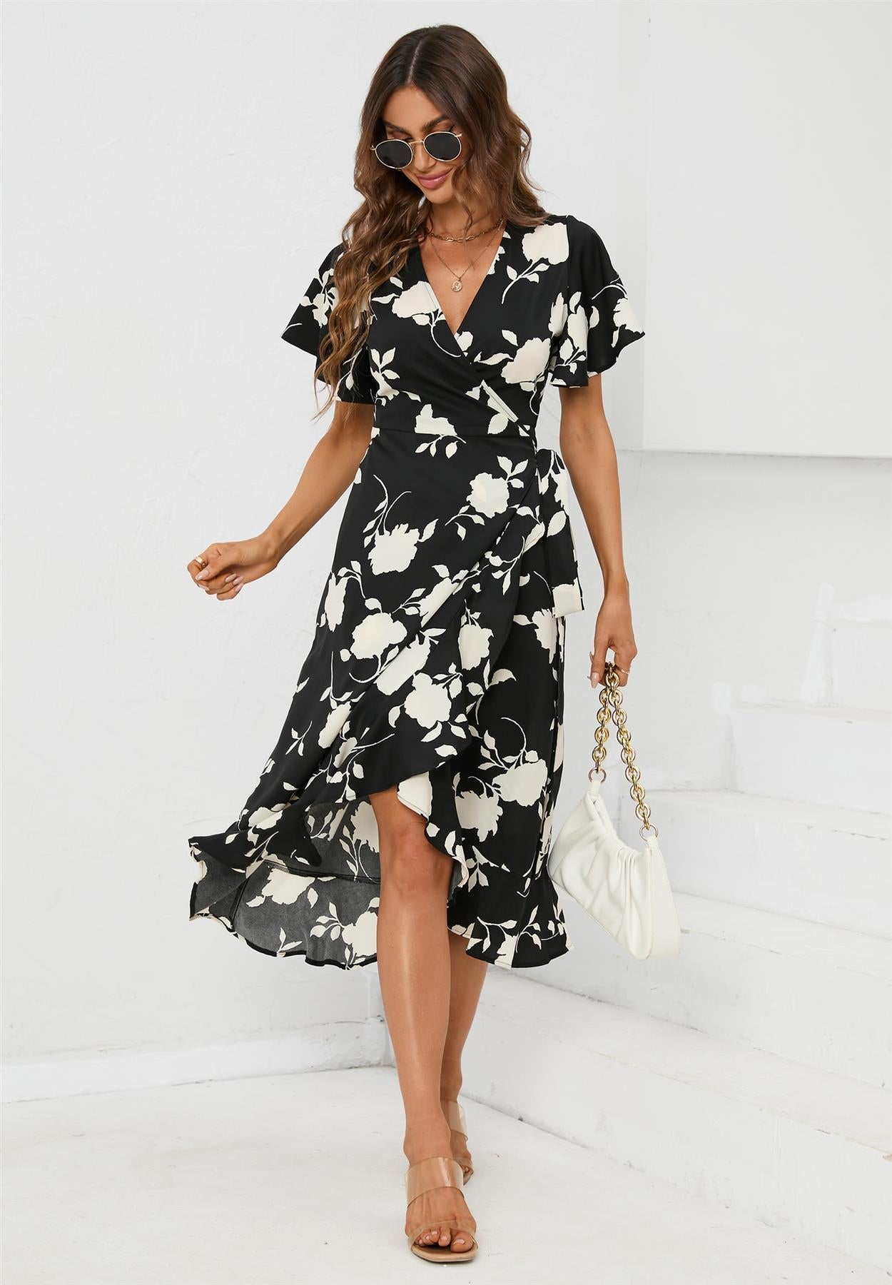 Angel Sleeve Wrap Midi Dress In Black - AXON