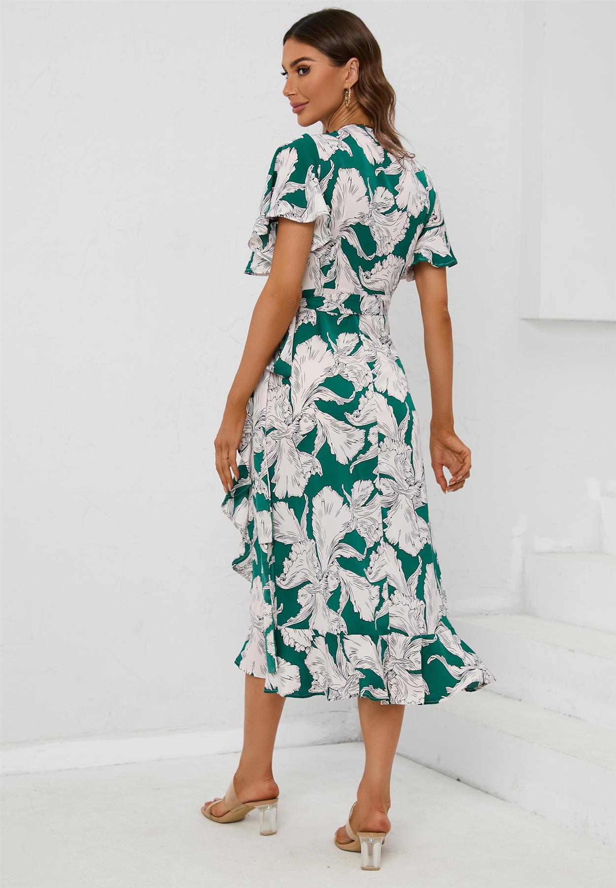 Angel Sleeve Wrap Midi Dress In Green - AXON