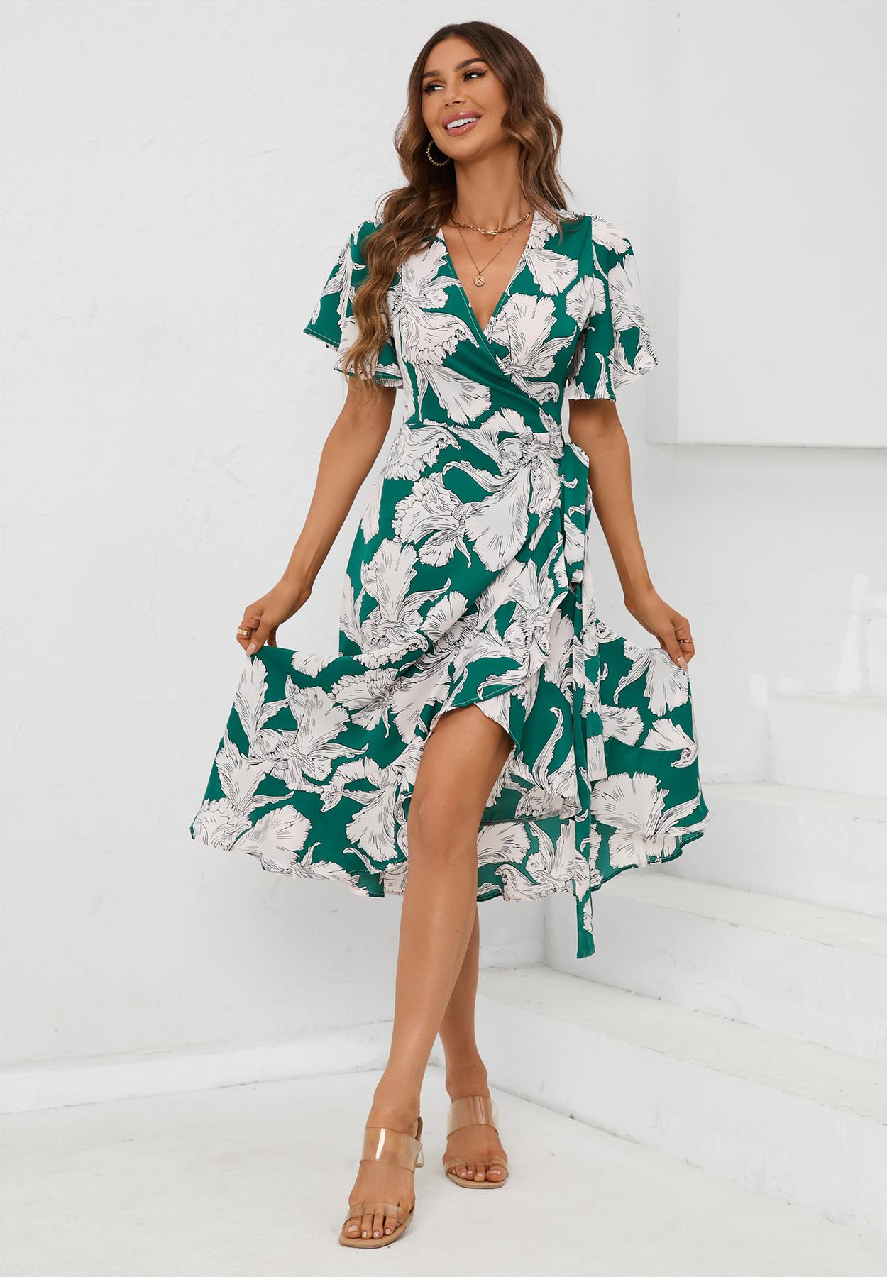 Angel Sleeve Wrap Midi Dress In Green - AXON