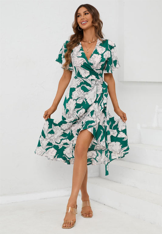 Angel Sleeve Wrap Midi Dress In Green - AXON