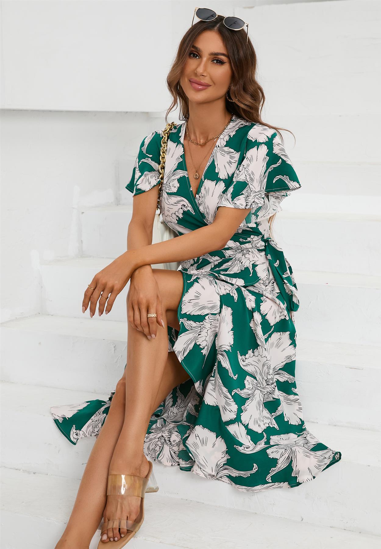 Angel Sleeve Wrap Midi Dress In Green - AXON