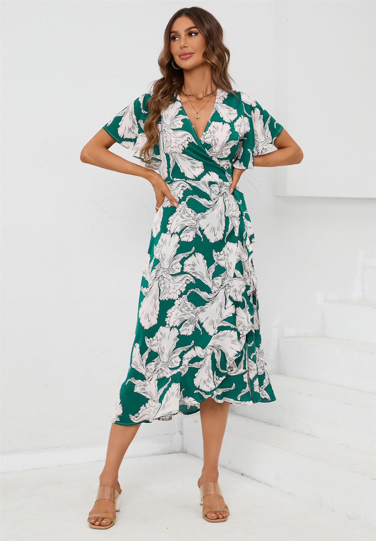 Angel Sleeve Wrap Midi Dress In Green - AXON