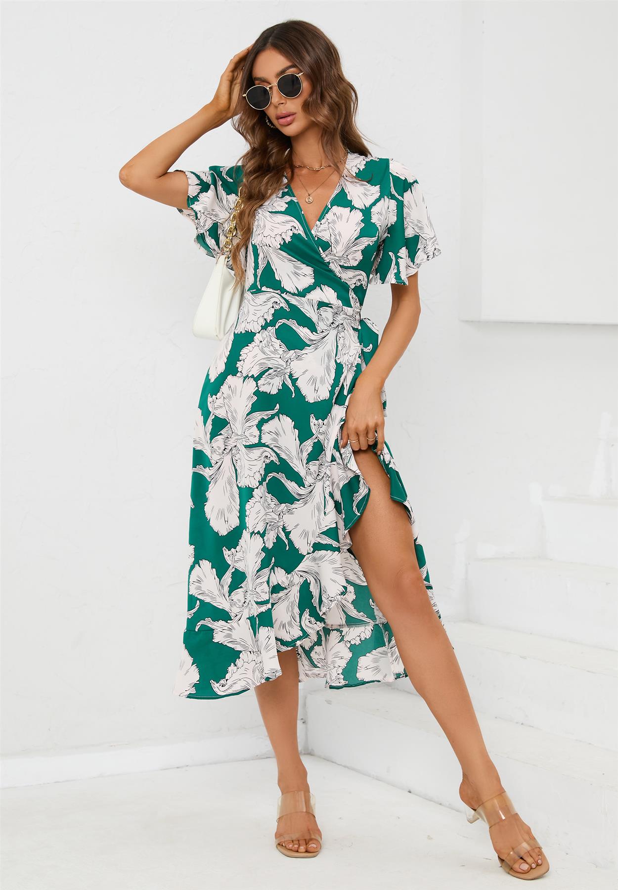 Angel Sleeve Wrap Midi Dress In Green - AXON