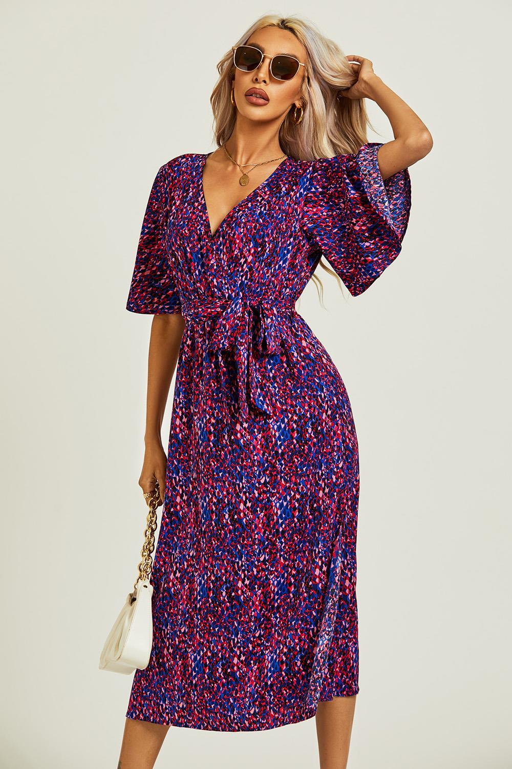 Angel Sleeve Wrap Top Midi Dress In Blue - AXON