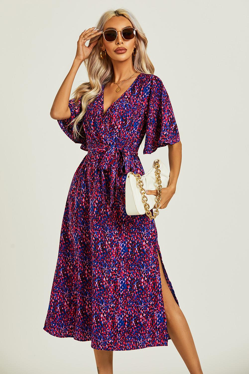 Angel Sleeve Wrap Top Midi Dress In Blue - AXON