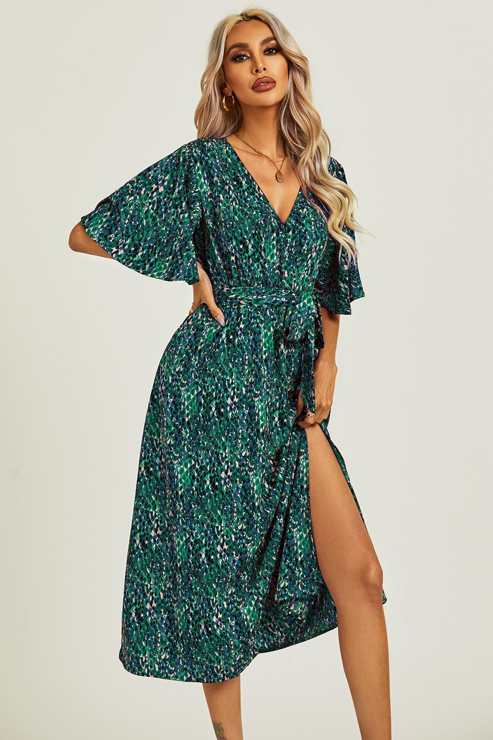 Angel Sleeve Wrap Top Midi Dress In Green - AXON