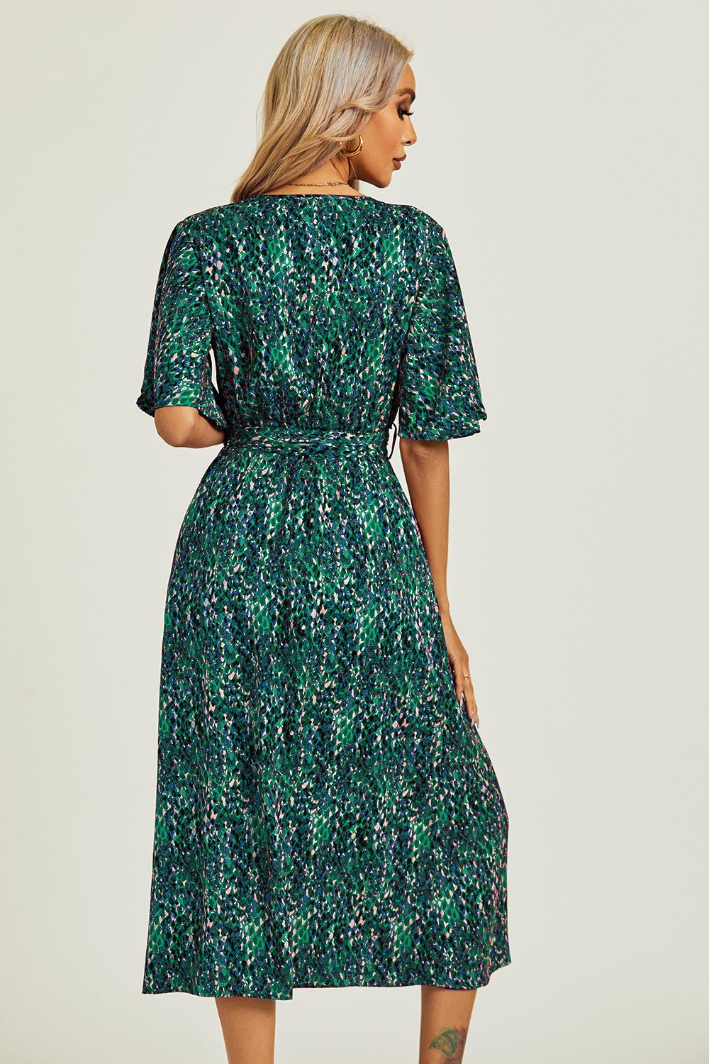Angel Sleeve Wrap Top Midi Dress In Green - AXON