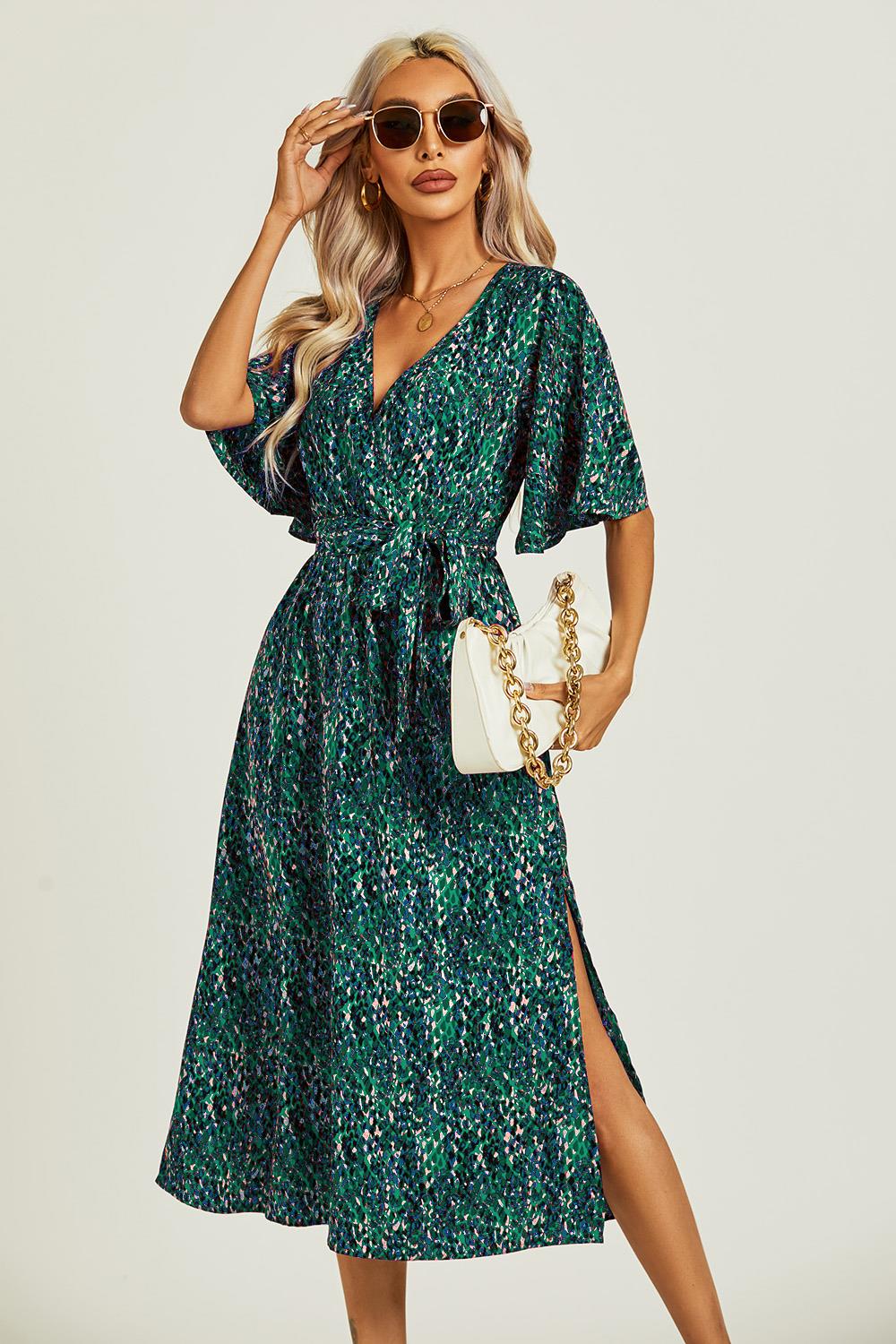 Angel Sleeve Wrap Top Midi Dress In Green - AXON
