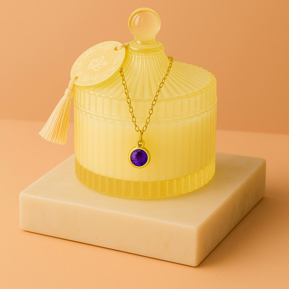 Edle Schmuckkerze mit Geburtsstein - Duftkerze mit Anhänger und Kette aus 925er Silber, vergoldet