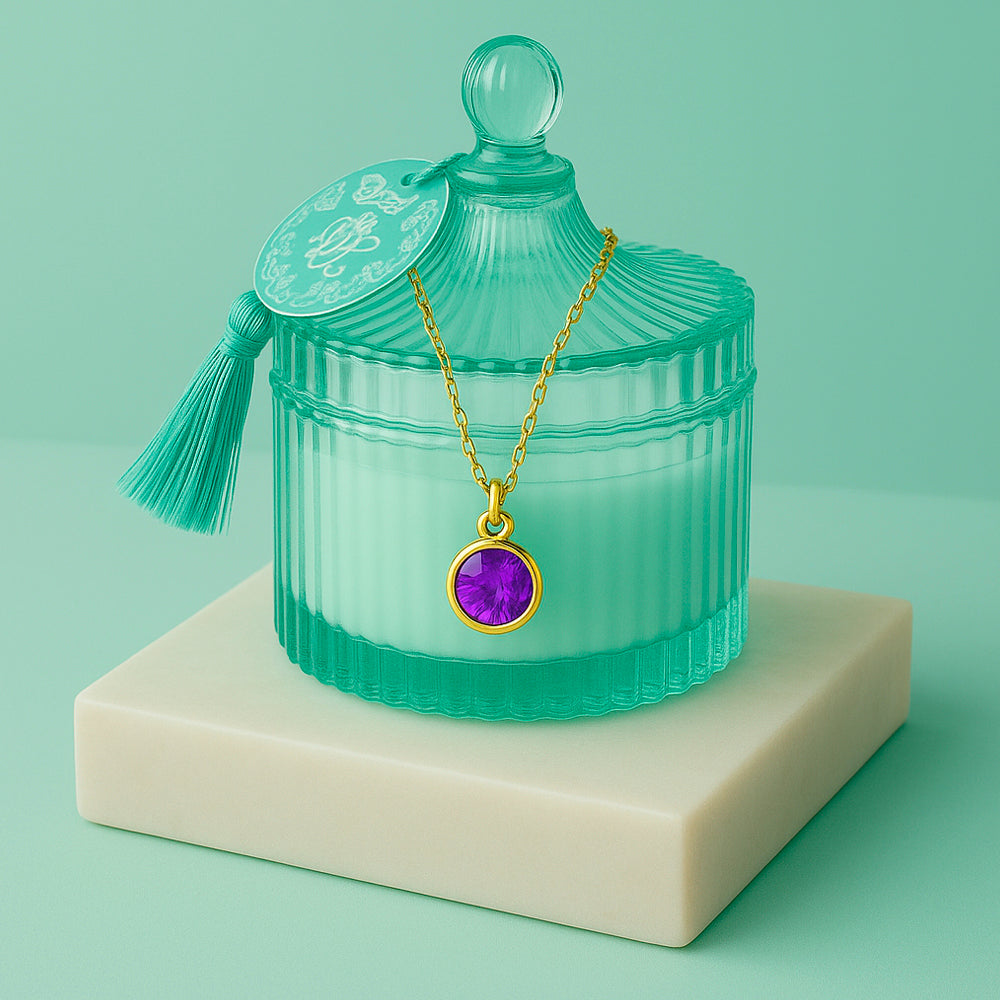 Edle Schmuckkerze mit Geburtsstein - Duftkerze mit Anhänger und Kette aus 925er Silber, vergoldet