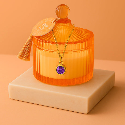 Edle Schmuckkerze mit Geburtsstein - Duftkerze mit Anhänger und Kette aus 925er Silber, vergoldet