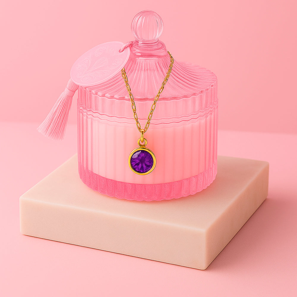 Edle Schmuckkerze mit Geburtsstein - Duftkerze mit Anhänger und Kette aus 925er Silber, vergoldet