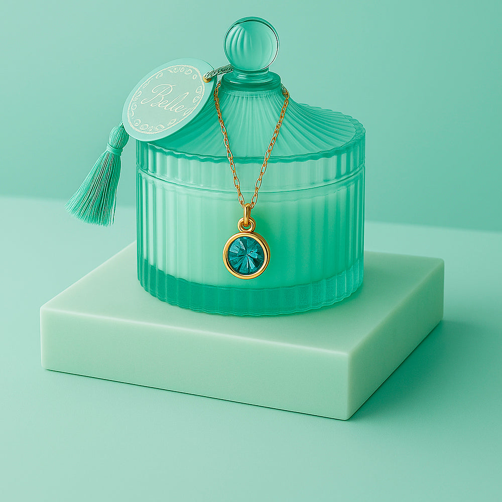 Edle Schmuckkerze mit Geburtsstein - Duftkerze mit Anhänger und Kette aus 925er Silber, vergoldet