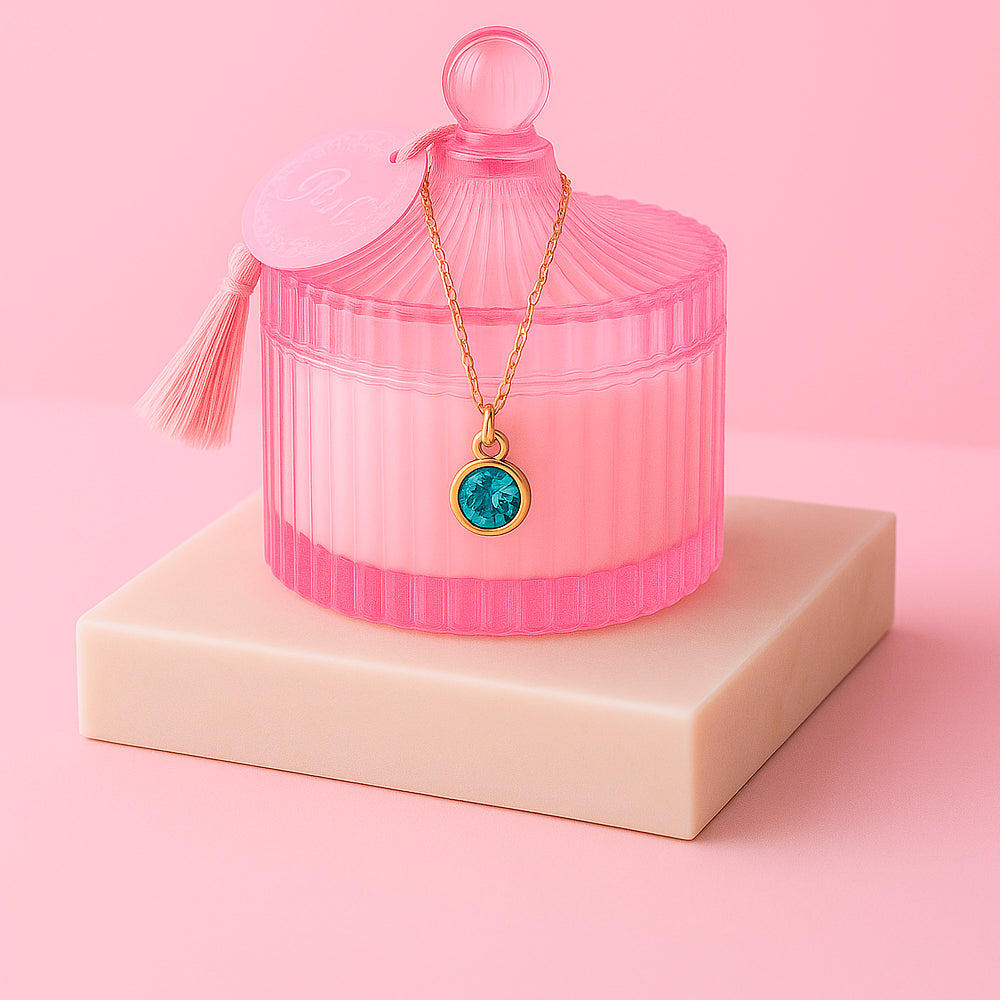 Edle Schmuckkerze mit Geburtsstein - Duftkerze mit Anhänger und Kette aus 925er Silber, vergoldet