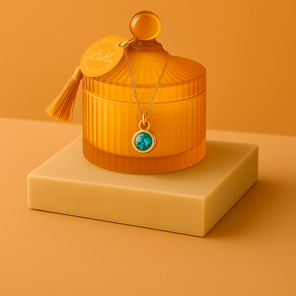 Edle Schmuckkerze mit Geburtsstein - Duftkerze mit Anhänger und Kette aus 925er Silber, vergoldet