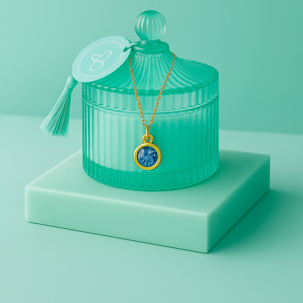 Edle Schmuckkerze mit Geburtsstein - Duftkerze mit Anhänger und Kette aus 925er Silber, vergoldet