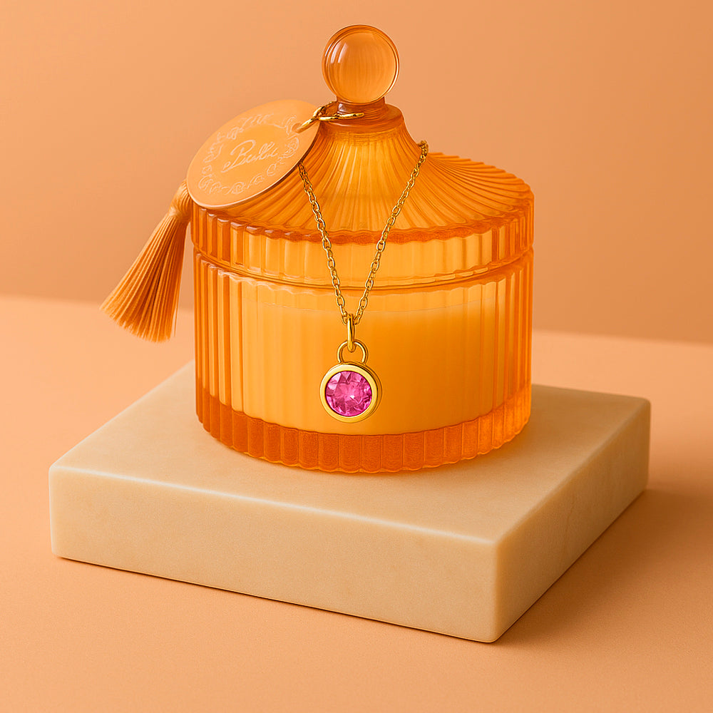 Edle Schmuckkerze mit Geburtsstein - Duftkerze mit Anhänger und Kette aus 925er Silber, vergoldet