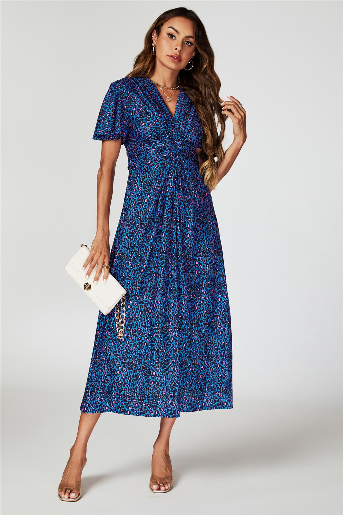 Animal Print Angel Sleeve Twist Midi Dress In Blue - AXON
